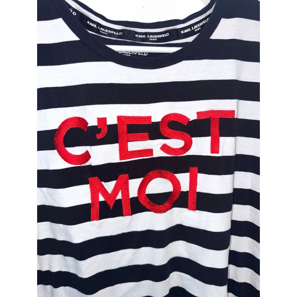 Karl Lagerfeld CEst Moi Blue & White Striped T-Shirt With Red Text Womens Size - Picture 2 of 7